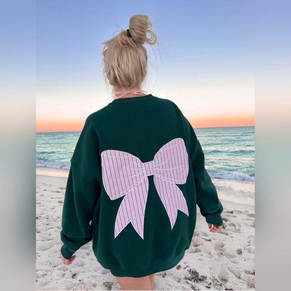 Green Striped Bow Embroider Sweatshirt